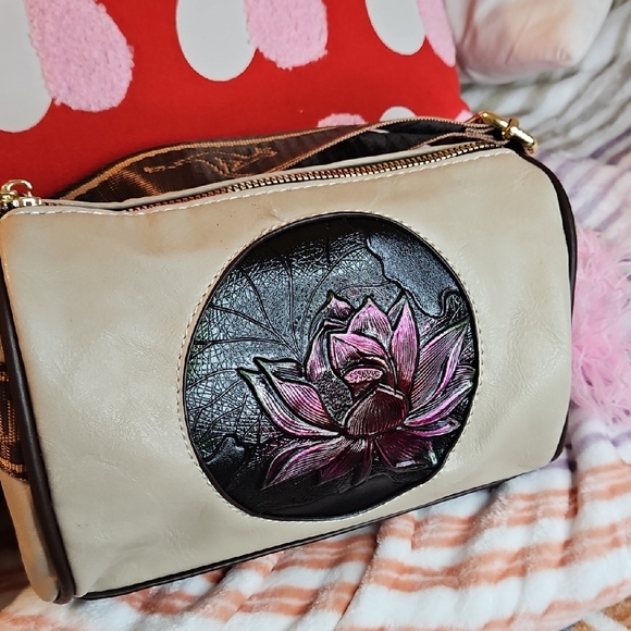 Handbags - Elegant Cream and Black Floral Women's Bag